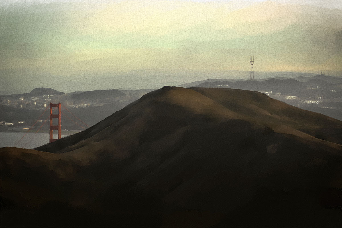 Golden Gate from The Headlands - hand rendered digital illustration on canvas